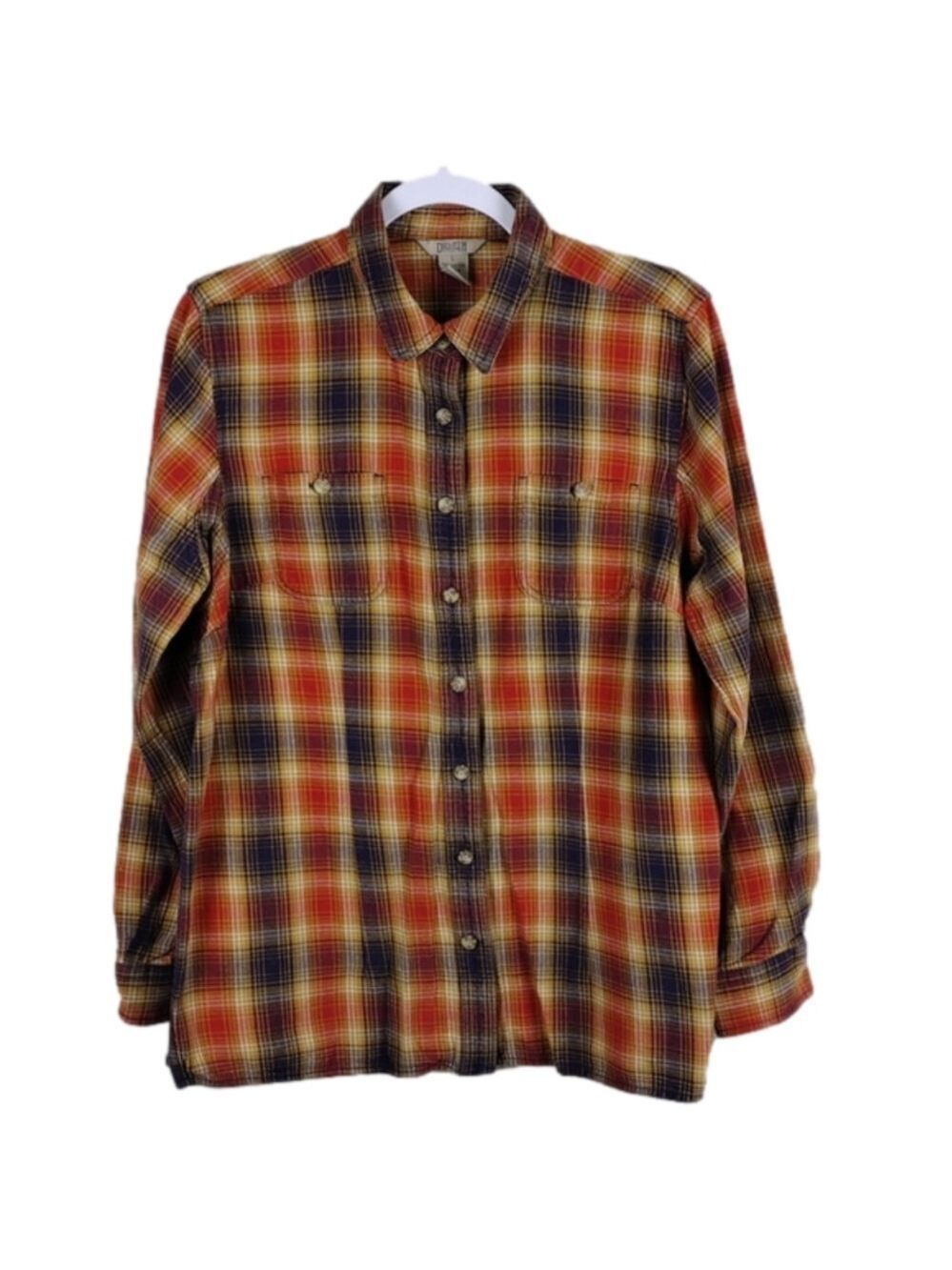 Duluth Trading Orange Plaid Pointed Collar Long Sleeve Button Down Casual Shirt